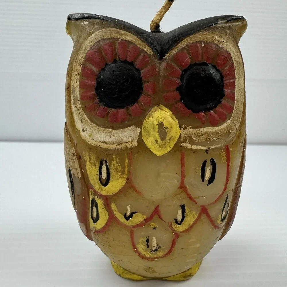 Vintage Hand Painted Owl Figural Candle Mid Century Paraffin Wax Retro Decor